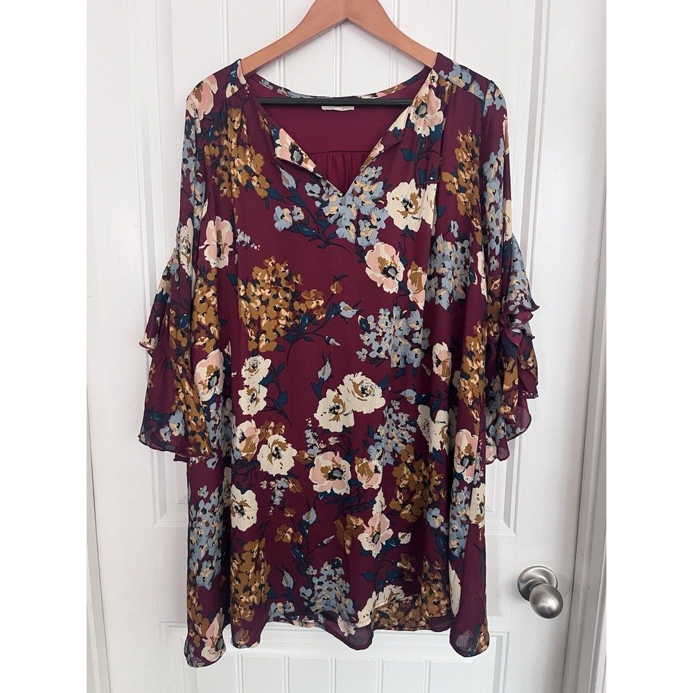 Umgee BOHO Mini Dress Large Burgundy Floral Flare Sleeve Festival Flowy 545